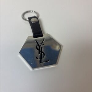 YSL Yves Saint Laurent Silver Leather Keychain Bag Charm Hexagon Shap Honey Comb